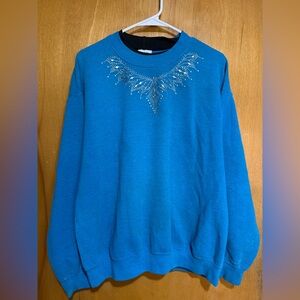 💎 Vintage Blue Rhinestone Sweatshirt ✨ 80s 90s Grandma Grandpa Cozy Pullover lg